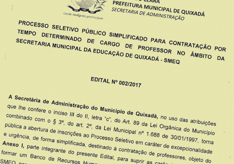 Prefeitura de Quixadá lança novo edital para contratação de professores em caráter de urgência