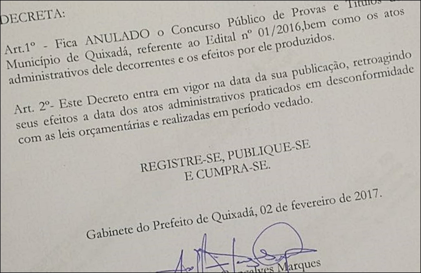 Ilário Marques anula concurso público realizado pela prefeitura de Quixadá em 2016