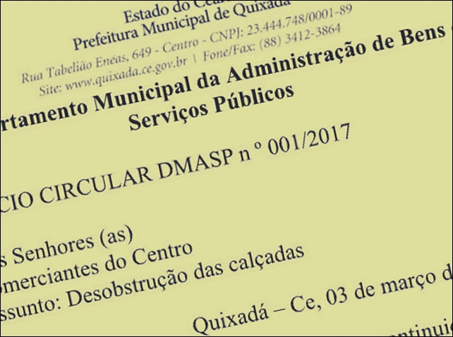 Prefeitura de Quixadá iniciará operação para desobstrução das calçadas do Centro da cidade