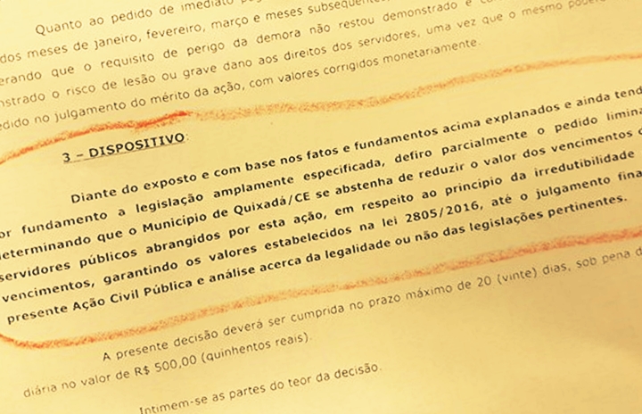 Justiça decide liminarmente que município de Quixadá não deve reduzir valor dos proventos dos servidores