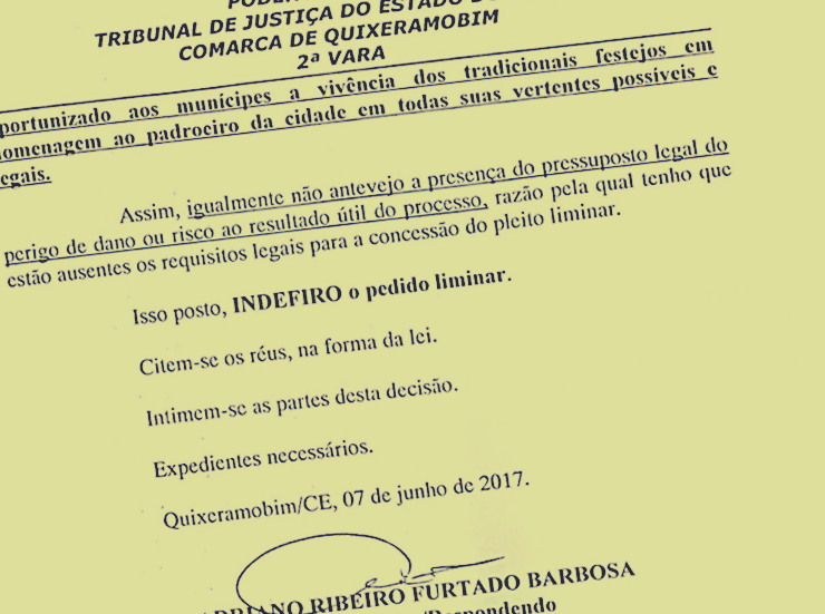Justiça recusa pedido do Ministério Público para cancelar festas em Quixeramobim; veja íntegra da decisão
