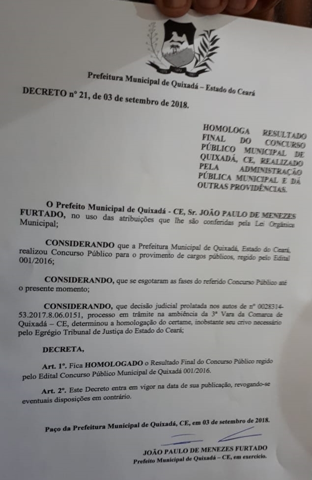 URGENTE: Prefeitura de Quixadá homologa concurso público de 2016
