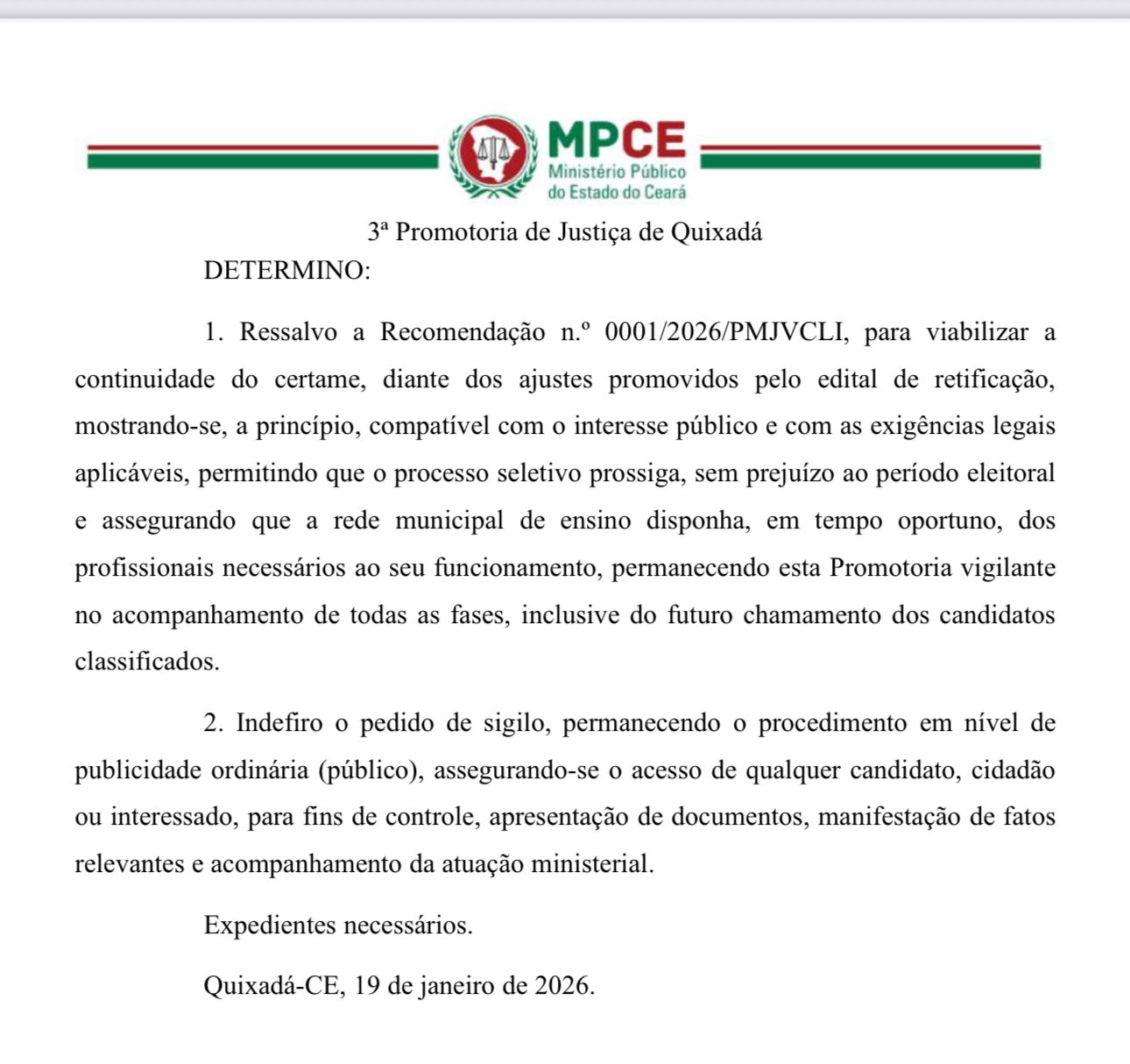 Processo seletivo da rede municipal de ensino em Choró