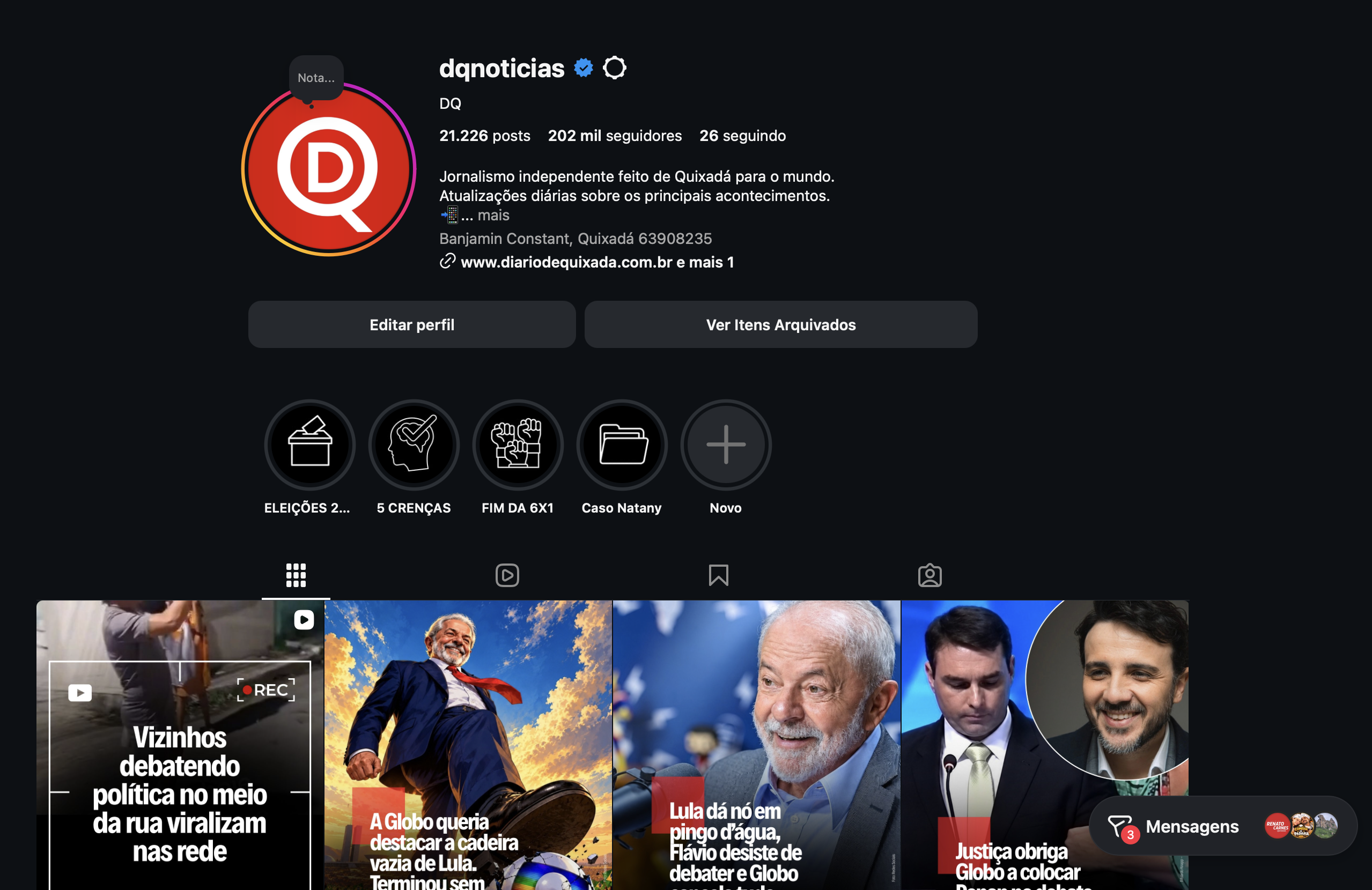 Captura do perfil dqnoticias no Instagram, mostrando 202 mil seguidores após superar a marca de 200 mil.